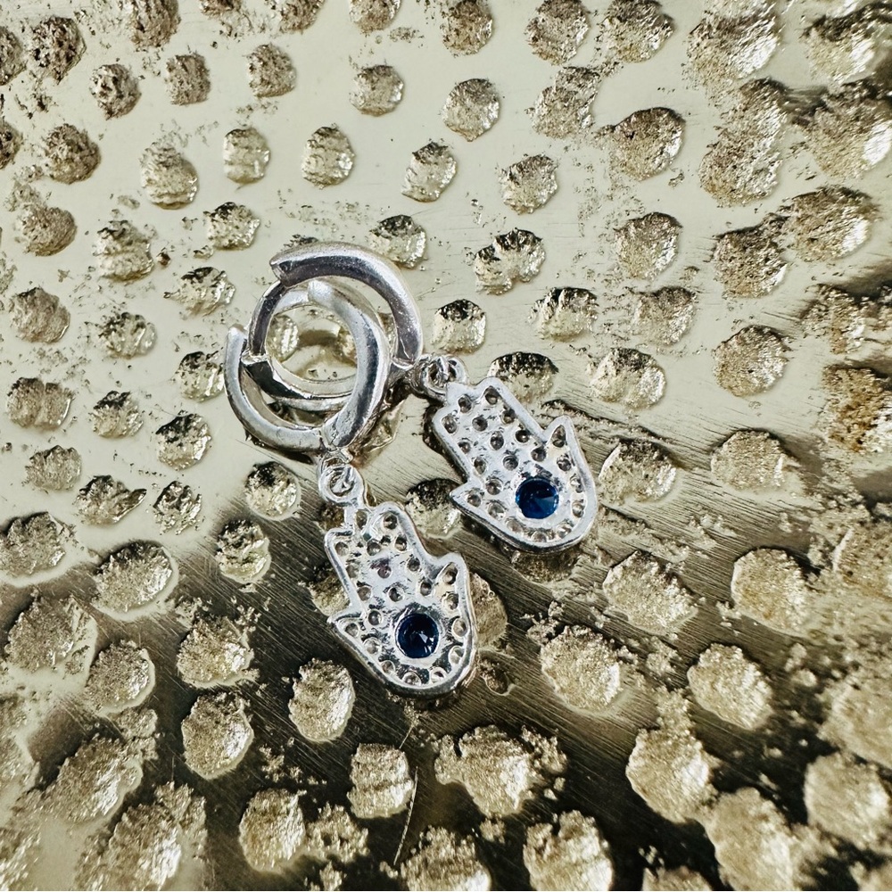 Elegant Silver Hamsa Earrings with Blue Zircon Accents - Picture 10 of 10